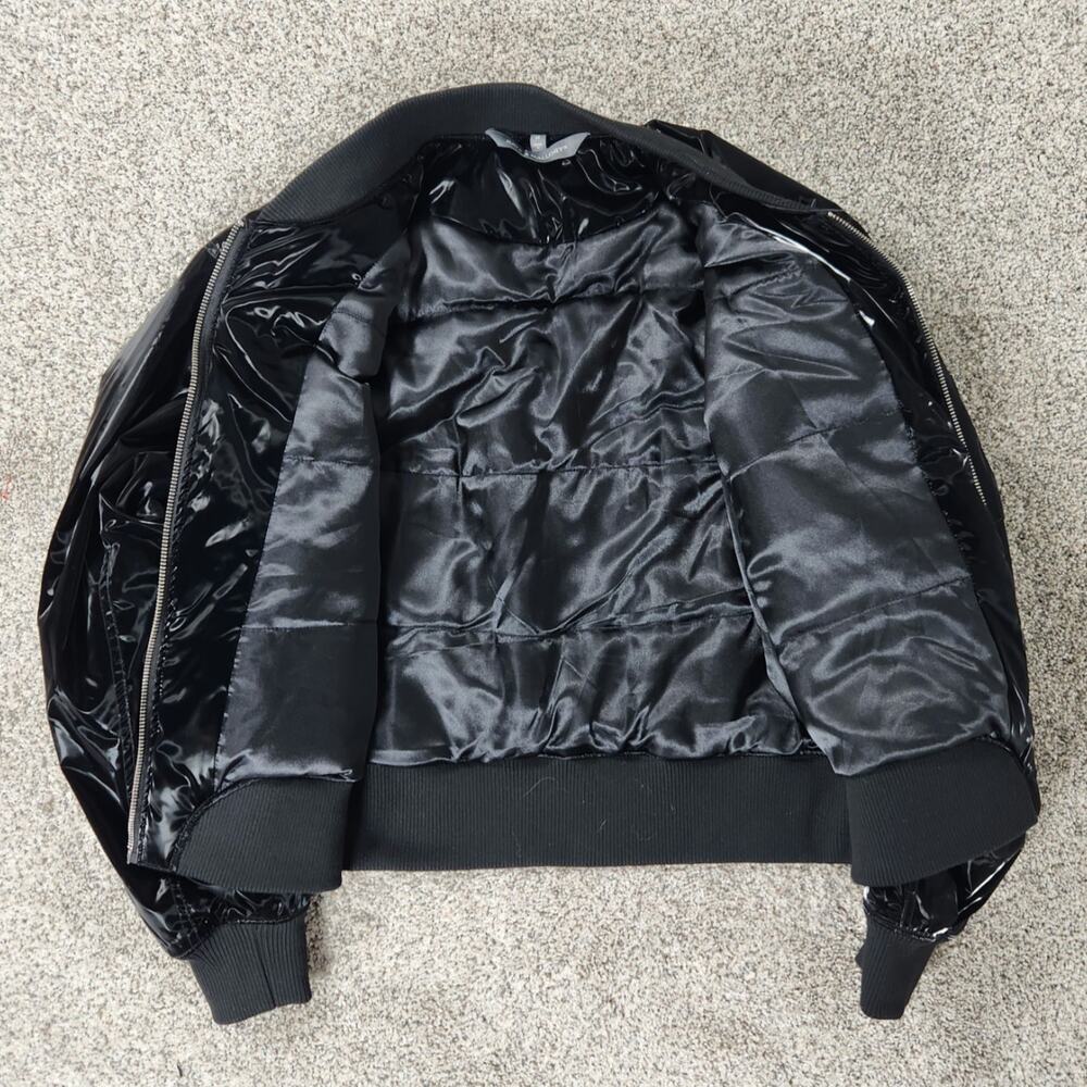 Kate & Mallory Black Patent Vinyl Glossy Bomber Jacket Full Zip Pocket Size M